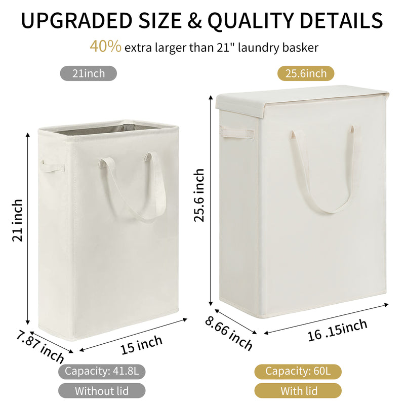 Chrislley 60L Slim Laundry Hamper with Lid Narrow Laundry Basket with Handle (25.6 inches ,beige)