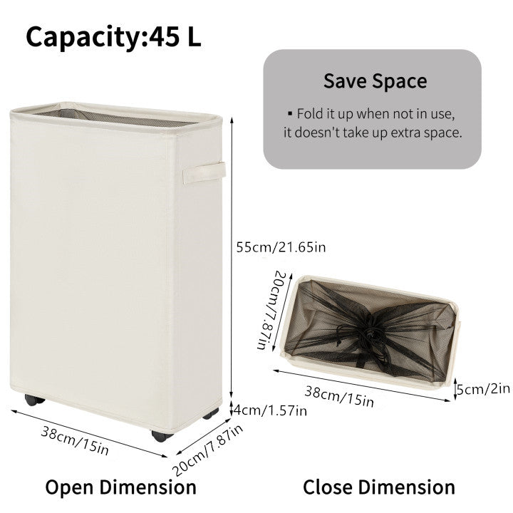 Chrislley 45L Slim Laundry Hamper with Wheels Narrow Rolling Laundry Basket (22 inches, Beige 1)