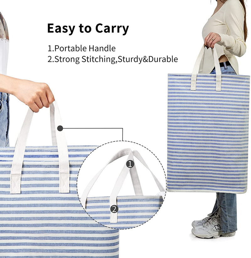 Chrislley 72L Freestanding Laundry Hamper with Handle Large Laundry Basket Laundry Bin Collapsible (Striped Blue)